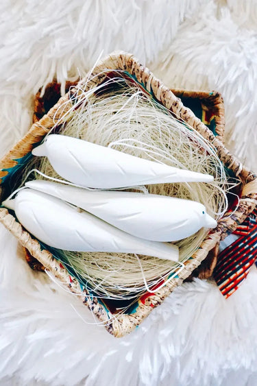 Hand Carved Nesting Bird Ornament Trio